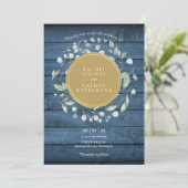 Blue Rustic Wood Laurel Garland Gold Wedding Einladung (Stehend Vorderseite)