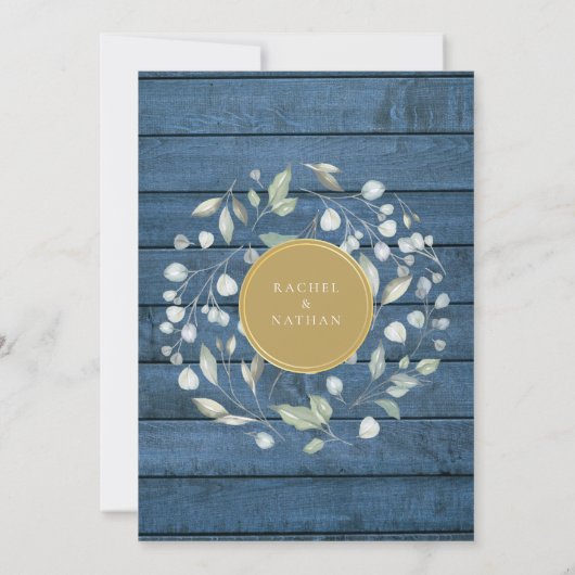 Blue Rustic Wood Laurel Garland Gold Wedding Einladung (Rückseite)