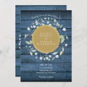 Blue Rustic Wood Laurel Garland Gold Wedding Einladung (Vorne/Hinten)
