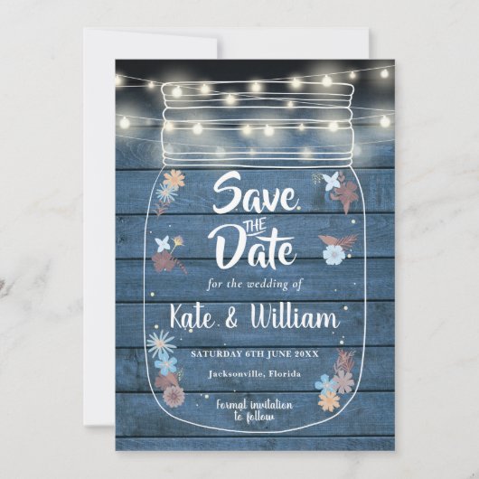 Blue Rustic Wood Mason Jar String Lights Floral Save The Date (Vorderseite)