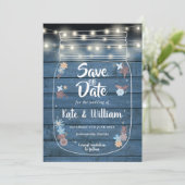Blue Rustic Wood Mason Jar String Lights Floral Save The Date (Stehend Vorderseite)