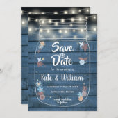 Blue Rustic Wood Mason Jar String Lights Floral Save The Date (Vorne/Hinten)