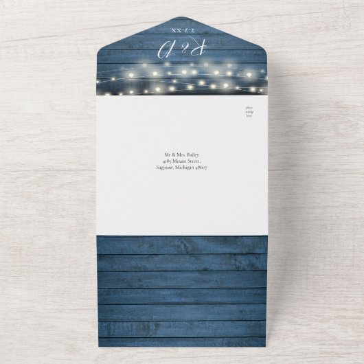 Blue Rustic Wood QR Code String Lights Wedding All In One Einladung (Außenbereich)