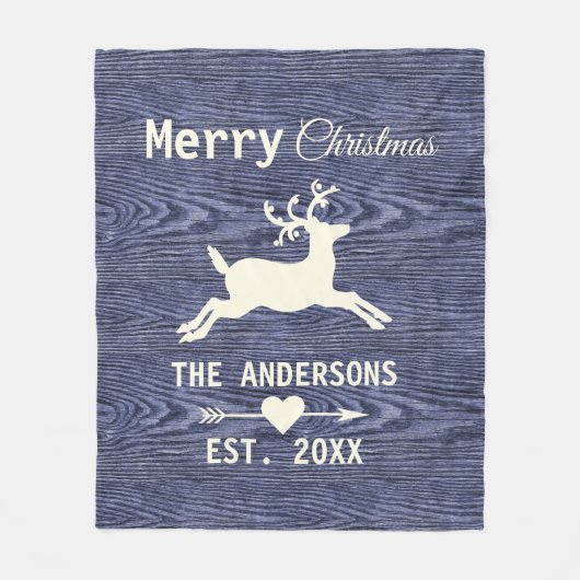Blue Rustic Wood Rentier Familie Weihnachten Fleecedecke (Vorderseite)