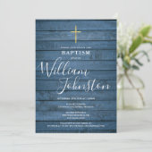 Blue Rustic Wood Script Taufe Christening Einladung (Stehend Vorderseite)