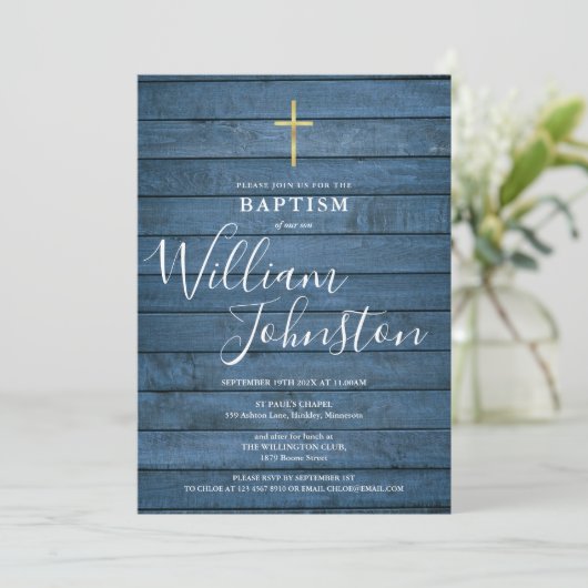 Blue Rustic Wood Script Taufe Christening Einladung (Stehend Vorderseite)