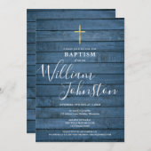 Blue Rustic Wood Script Taufe Christening Einladung (Vorne/Hinten)