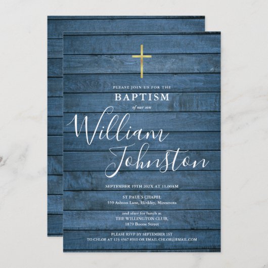 Blue Rustic Wood Script Taufe Christening Einladung (Vorne/Hinten)