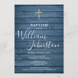 Blue Rustic Wood Script Taufe Christening Einladung