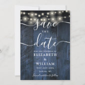 Blue Rustic Wood String Lights Boho Foto Wedding Save The Date (Vorderseite)