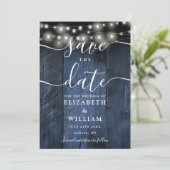 Blue Rustic Wood String Lights Boho Foto Wedding Save The Date (Stehend Vorderseite)