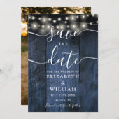 Blue Rustic Wood String Lights Boho Foto Wedding Save The Date (Vorne/Hinten)