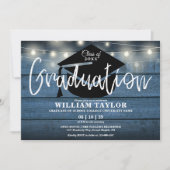 Blue Rustic Wood String Lights Graduation Party Einladung (Vorderseite)