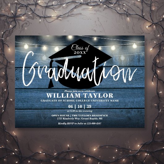 Blue Rustic Wood String Lights Graduation Party Einladung