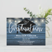 Blue Rustic Wood String Lights Graduation Party Einladung (Stehend Vorderseite)