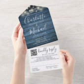 Blue Rustic Wood String Lights QR Code Wedding All In One Einladung (Abreißen)