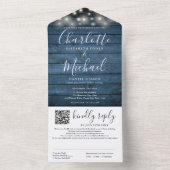 Blue Rustic Wood String Lights QR Code Wedding All In One Einladung (Innen Boden)