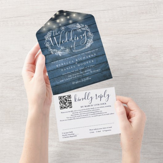 Blue Rustic Wood String Lights QR Code Wedding All In One Einladung (Abreißen)