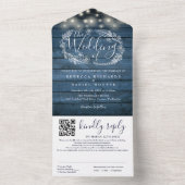 Blue Rustic Wood String Lights QR Code Wedding All In One Einladung (Innen Boden)
