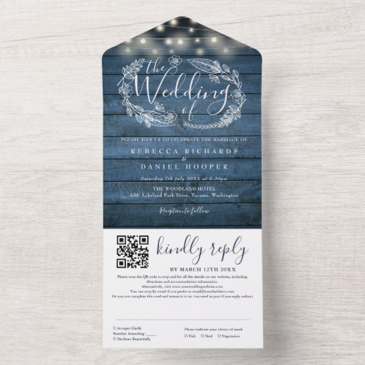 Blue Rustic Wood String Lights QR Code Wedding All In One Einladung (Innen Boden)
