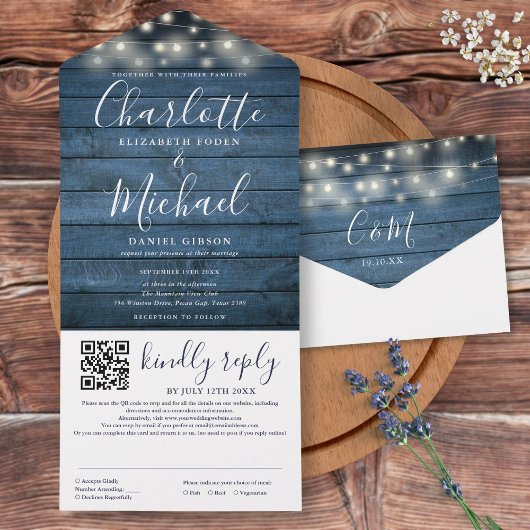Blue Rustic Wood String Lights QR Code Wedding All In One Einladung