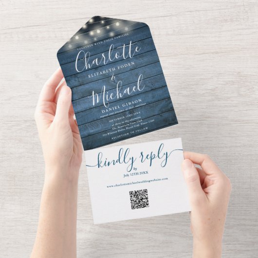 Blue Rustic Wood String Lights QR Code Wedding All In One Einladung (Abreißen)