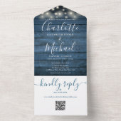 Blue Rustic Wood String Lights QR Code Wedding All In One Einladung (Innen Boden)