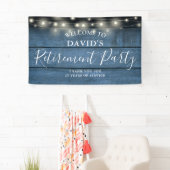 Blue Rustic Wood String Lights Retirement Party Banner (Insitu)