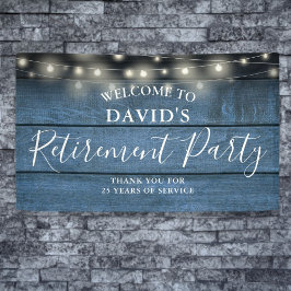 Blue Rustic Wood String Lights Retirement Party Banner