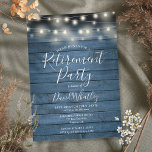 Blue Rustic Wood String Lights Retirement Party Einladung<br><div class="desc">Diese stilvolle Ruhestätte mit Saitenleuchten auf blauem rustikalem Holzpaneelenboden kann mit Ihren besonderen Veranstaltungsinformationen personalisiert werden. Entwickelt von Thisisnotme©</div>