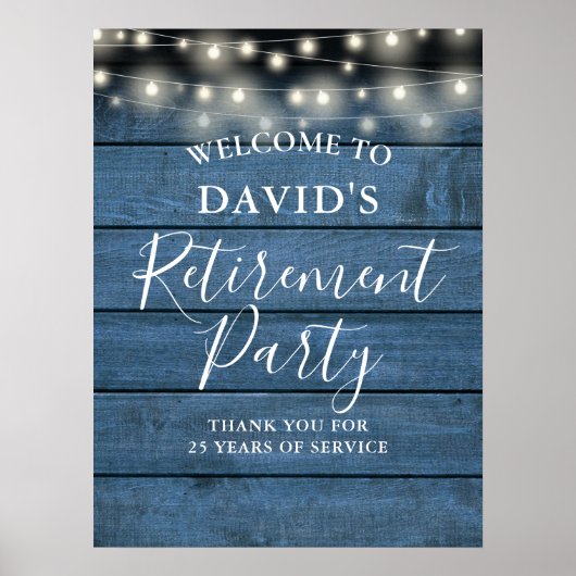 Blue Rustic Wood String Lights Retirement Party Poster (Vorne)