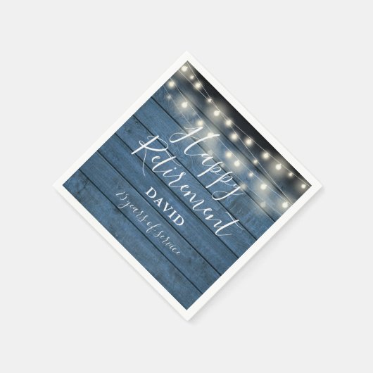 Blue Rustic Wood String Lights Retirement Party Serviette (Ecke)