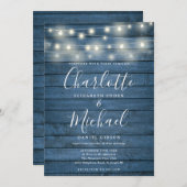 Blue Rustic Wood String Lights Script Hochzeit Einladung (Vorne/Hinten)