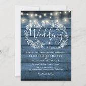 Blue Rustic Wood String Lights Script Hochzeit Einladung (Vorderseite)
