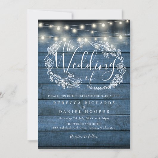 Blue Rustic Wood String Lights Script Hochzeit Einladung (Vorderseite)