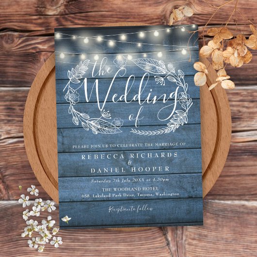 Blue Rustic Wood String Lights Script Hochzeit Einladung