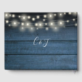 Blue Rustic Wood String Lights Script Hochzeit Gästebuch (Rückseite)