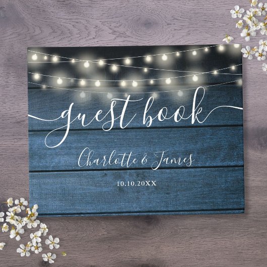 Blue Rustic Wood String Lights Script Hochzeit Gästebuch