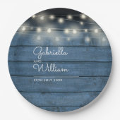 Blue Rustic Wood String Lights Script Hochzeit Pappteller (Vorderseite)