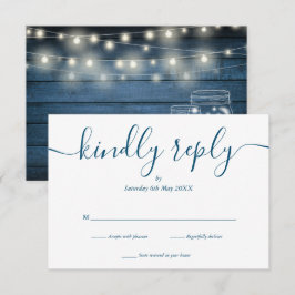 Blue Rustic Wood String Lights Script Hochzeit RSVP Karte