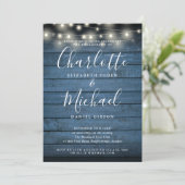 Blue Rustic Wood String Lights Script-Verlobung Einladung (Stehend Vorderseite)