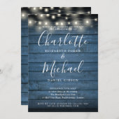 Blue Rustic Wood String Lights Script-Verlobung Einladung (Vorne/Hinten)