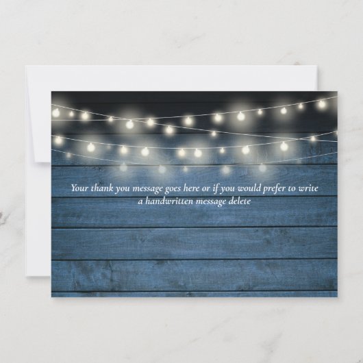 Blue Rustic Wood String Lights Script Wedding Dankeskarte (Rückseite)