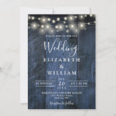 Blue Rustic Wood Wedding String Lights QR Code Einladung (Vorderseite)