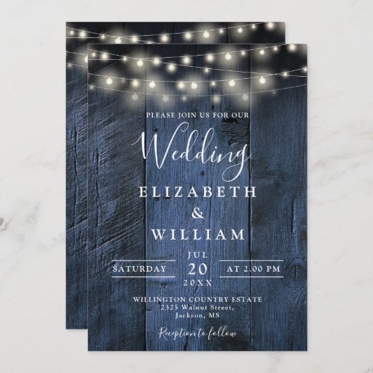 Blue Rustic Wood Wedding String Lights QR Code Einladung (Vorne/Hinten)