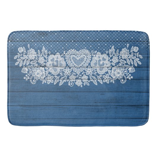 Blue Rustic Wood & White Lace Lacy Bauernhof Badematte (Vorderseite)