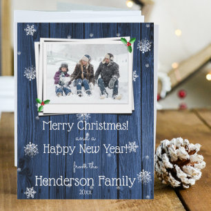 Blue Rustic Woods Flat Holiday Foto Card Feiertagskarte