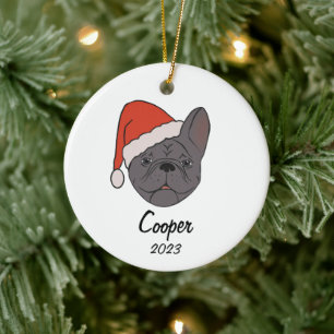 Blue Sable Frenchie Weihnachtsmannmütze Weihnachte Keramik Ornament