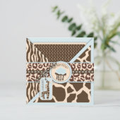 Blue Safari Animal Print & Cupcake First Einladung (Stehend Vorderseite)
