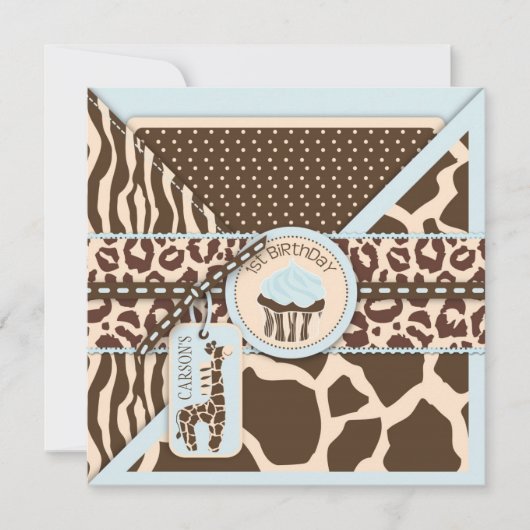 Blue Safari Animal Print & Cupcake First Einladung (Vorderseite)